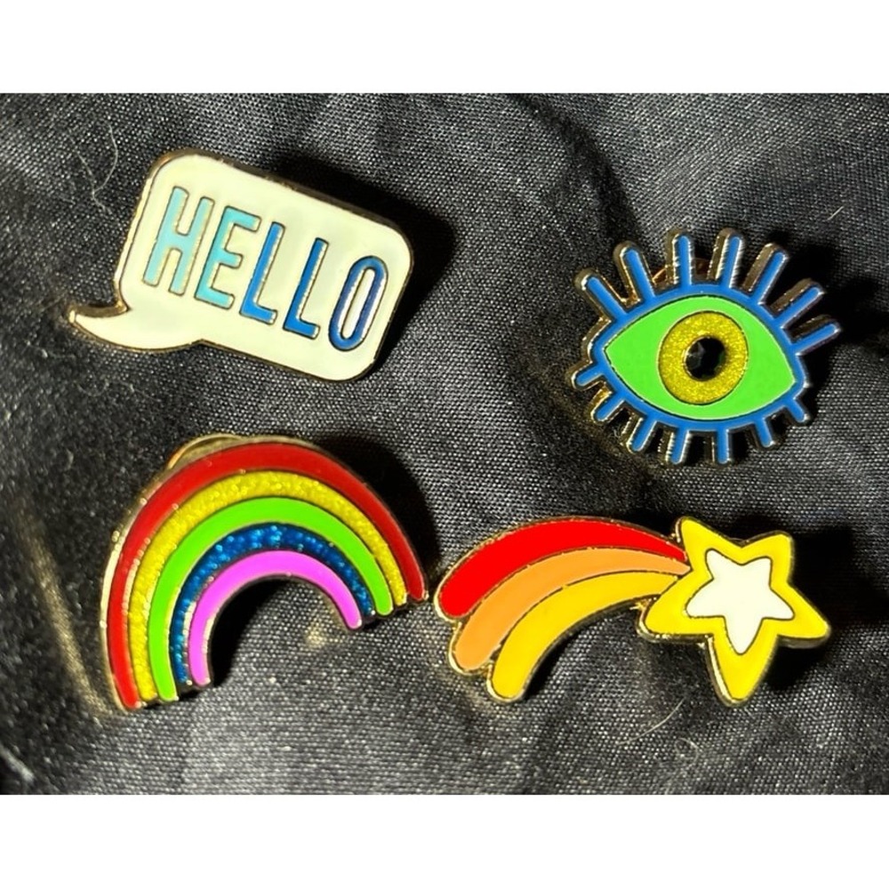 NEW 4pc Sparkle Enamel Metal Pins‎ - Rainbow/Evil Eye/Hello/Star
